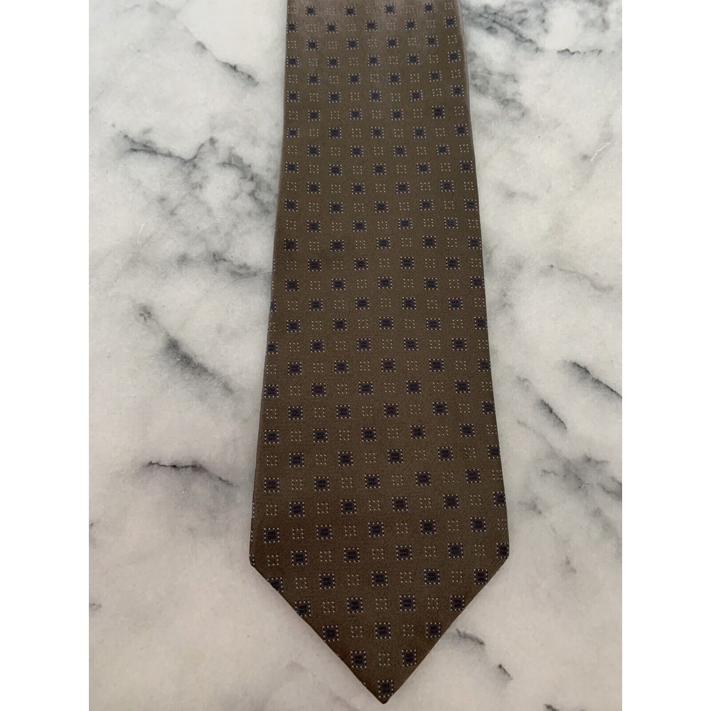 DKNY 100% Silk Brown Geometric Foulard Woven Tie 3.75" Width